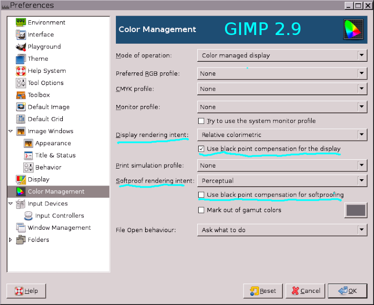 GIMP 2.9.2 color management preferences